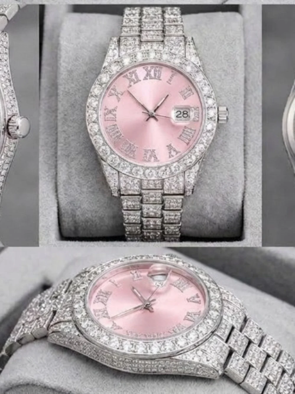 STAINLESS STEEL Rhinestone Iced Out Pink Watch 46mm Silver Bling